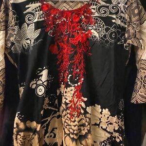 Floral Embroidered Black and Beige Top and Bottom